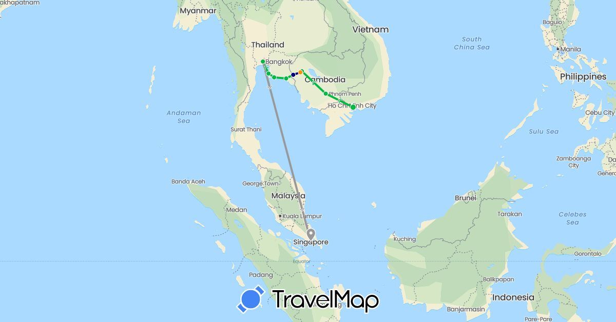 TravelMap itinerary: driving, bus, plane, hitchhiking in Cambodia, Singapore, Thailand, Vietnam (Asia)